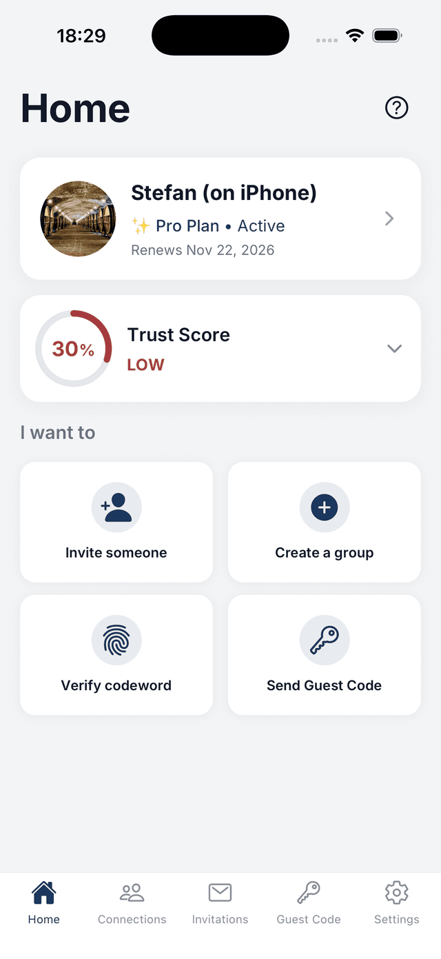 Trusted Codes app showing verification code